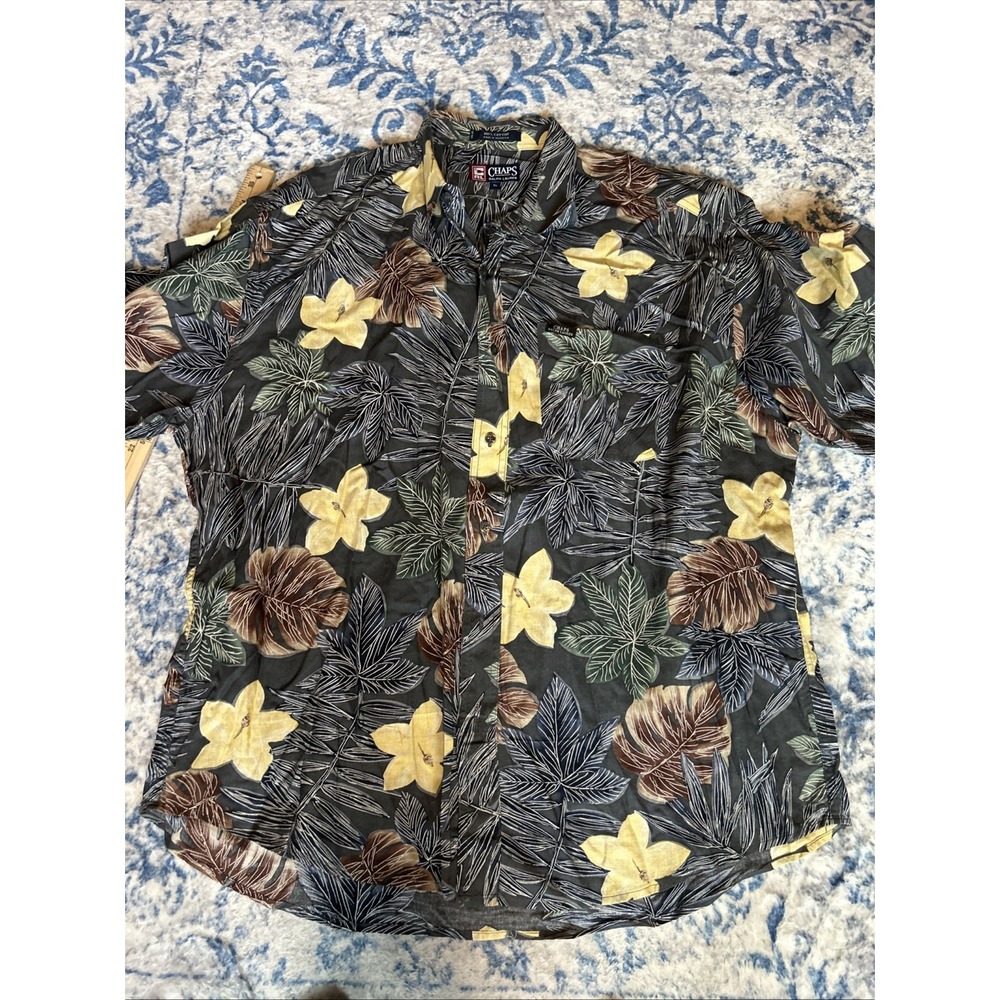 Chaps Ralph Lauren Mens Large Red White Floral Hibiscus Cotton Camp Shirt XL